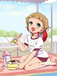  :d bangs blonde_hair blunt_bangs blush character_name green_eyes gym_uniform himeno_kanon idolmaster idolmaster_side-m male_focus obentou open_mouth rice_(rice8p) seiza sitting smile solo thermos track 