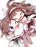  ;d bad_id bad_pixiv_id blush_stickers brown_hair chibi closed_eyes fang hairband heart hiei_(kantai_collection) hug japanese_clothes kantai_collection kongou_(kantai_collection) kyou_(nekoneko) multiple_girls no_legwear nontraditional_miko one_eye_closed open_mouth short_hair simple_background skirt smile thighhighs white_background yuri 
