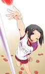  bean_bag black_hair character_name clenched_hand from_above gym_uniform idolmaster idolmaster_side-m male_focus okamura_nao one_eye_closed purple_eyes rice_(rice8p) solo sports_festival throwing 