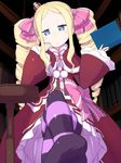  beatrice_(re:zero) blonde_hair blue_eyes book capelet chin_rest colored_stripes crossed_legs crown dress drill_hair fur_trim hair_ribbon highres long_hair long_sleeves looking_at_viewer mini_crown no_shoes pantyhose re:zero_kara_hajimeru_isekai_seikatsu ribbon sitting solo striped striped_legwear sweatdrop symbol-shaped_pupils takeda_yukimura twin_drills twintails 