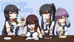  agano_(kantai_collection) anchor_symbol bangs blunt_bangs character_name chin_stroking chopsticks commentary_request crossed_arms eating eighth_note gloves heart high_ponytail highres kantai_collection long_ponytail multiple_girls musical_note noshiro_(kantai_collection) omochi_(chirori01) ponytail sakawa_(kantai_collection) saucer school_uniform serafuku short_hair sidelocks sparkle squeeze_bottle sweat swept_bangs triangle-shaped_pupils turn_pale uniform v very_short_hair white_gloves yahagi_(kantai_collection) 