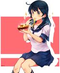  1girl ahoge artist_name black_hair blouse blue_eyes blue_hair blue_skirt blush breasts cheese_trail eating eyebrows eyebrows_visible_through_hair food highres holding_pizza imoden kantai_collection large_breasts long_hair miniskirt pizza pleated_skirt sailor_collar school_uniform serafuku shirt short_sleeves signature sitting skirt solo sparkle sparkling_eyes steam symbol-shaped_pupils ushio_(kantai_collection) white_shirt 