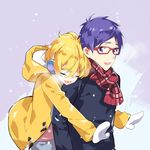  blonde_hair blue_hair free! glasses hazuki_nagisa male_focus multiple_boys pink_eyes purple_eyes ryuugazaki_rei 