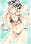  :o alternate_costume armpits bikini bismarck_(kantai_collection) blonde_hair blue_background blue_eyes blush border breasts cleavage colored_pencil_(medium) contrapposto front-tie_top gradient gradient_background hand_behind_head hand_in_hair hat kantai_collection large_breasts legs long_hair looking_at_viewer marker_(medium) military_hat navel potto sample side-tie_bikini solo standing swimsuit thighs traditional_media underboob 