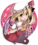  :d asa_(coco) ascot blonde_hair blush crystal fang flandre_scarlet frilled_shirt_collar frills hat hat_ribbon laevatein looking_at_viewer mob_cap open_mouth puffy_short_sleeves puffy_sleeves red_eyes ribbon short_sleeves side_ponytail skirt skirt_set smile solo touhou upper_body wings wrist_cuffs 