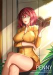  bespectacled book breasts brown_hair character_name crossed_legs curly_hair glasses green_eyes large_breasts looking_at_viewer negister penny_(stardew_valley) short_hair solo stardew_valley watermark 