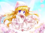  :d blonde_hair blue_eyes blue_sky blurry cherry_blossoms depth_of_field dress fairy_wings flying hand_on_own_cheek hat lily_white long_hair long_sleeves looking_at_viewer open_mouth sky smile solo touhou tsukiori_sasa very_long_hair wings 