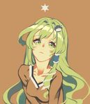  bad_id bad_pixiv_id brown_background casual cheong_ha frog_hair_ornament green_eyes green_hair hair_ornament hair_tubes kochiya_sanae long_hair snake_hair_ornament solo touhou 