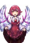  animal_ears bird_wings black_legwear breasts highres lifted_by_self looking_at_viewer medium_breasts mystia_lorelei nano_(ex925868312) no_hat no_headwear open_mouth pantyhose pink_hair short_hair skirt skirt_lift smile solo touhou wings yellow_eyes 