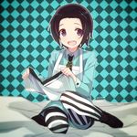  :d alice_(wonderland) alice_(wonderland)_(cosplay) alice_in_wonderland alternate_costume apron black_hair checkered checkered_background cosplay idolmaster idolmaster_side-m jewelry male_focus mudo_(saji) necklace okamura_nao open_mouth purple_eyes sitting smile solo 