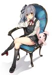  3: black_dress black_legwear chair crossed_legs dress from_above full_body hair_between_eyes hand_on_own_cheek highres kantai_collection kasumi_(kantai_collection) kneehighs long_hair looking_at_viewer mary_janes pinafore_dress remodel_(kantai_collection) serious shadow shoes side_ponytail silver_hair sitting solo stuffed_animal stuffed_bunny stuffed_toy thighs v-shaped_eyebrows yakusuke yellow_eyes 