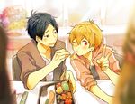  blue_hair eating food free! hazuki_nagisa male_focus multiple_boys ryuugazaki_rei v wink 