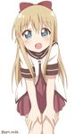  :d bad_id bad_pixiv_id blonde_hair blue_eyes bow hair_bow hands_on_own_knees long_hair looking_at_viewer nanamori_school_uniform open_mouth ren_kon school_uniform serafuku simple_background smile solo toshinou_kyouko twitter_username white_background yuru_yuri 