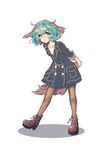  animal_ears arms_behind_back bad_id bad_pixiv_id blush brown_legwear casual cheong_ha collarbone dog_ears dog_tail floppy_ears full_body green_eyes green_hair kasodani_kyouko short_hair simple_background solo tail touhou trench_coat white_background 