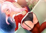  1girl ass black_panties blush bow breasts chloe_von_einzbern closed_mouth condom condom_in_mouth dark_skin dress dress_lift dutch_angle elbow_gloves eyebrows_visible_through_hair fate/kaleid_liner_prisma_illya fate_(series) female garter_belt gloves ichio long_hair looking_at_viewer looking_back mouth_hold panties pink_hair red_bow red_dress red_gloves red_legwear shiny shiny_clothes shiny_skin smile solo thighhighs underwear 