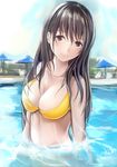  anegasaki_nene bad_id bad_pixiv_id bare_shoulders bikini bikini_top breasts cleavage collarbone day long_hair looking_at_viewer love_plus medium_breasts mole mole_under_eye nannacy7 partially_submerged revision sky smile solo swimsuit umbrella upper_body water wet wet_hair yellow_bikini 