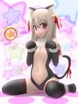 :&lt; animal_ears bell black_gloves black_legwear cameltoe cat_ears cat_tail elbow_gloves fate/kaleid_liner_prisma_illya fate_(series) flat_chest gloves hair_bell hair_ornament hair_ribbon highres illyasviel_von_einzbern long_hair looking_at_viewer no_shoes open_mouth paw_pose pink_eyes polka_dot ribbon silver_hair siraha sitting solo star tail tail_ribbon thighhighs wariza 