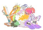  &gt;_&lt; 2boys 2girls :d artist_request bike_shorts blonde_hair blue_eyes closed_eyes commentary domino_mask eyebrows eyes_closed fangs globe inkling long_hair mask multiple_boys multiple_girls official_art open_mouth ponytail purple_hair red_hair scrunchie shoes smile sneakers splatoon tentacle_hair thick_eyebrows xd yellow_eyes 