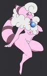  2016 anthro black_background blush breasts caprine collar female flaaffy fluffy hi_res krystal_tune looking_at_viewer mammal nintendo nipples nude pinup pok&eacute;mon pose sheep simple_background smile solo video_games 