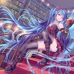  aqua_hair bangle bare_shoulders black_footwear black_gloves book bookshelf boots bracelet clenched_hand cross-laced_footwear dutch_angle elbow_gloves globe gloves gothic_lolita hatsune_miku holding holding_book jewelry library lolita_fashion long_hair open_book purple_eyes revision solo stairs thighhighs twintails very_long_hair vocaloid yusuke_(shiota) 