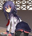  ahoge all_fours black_legwear cleaning from_side hair_flaps kantai_collection long_hair looking_at_viewer low_twintails miniskirt neckerchief pleated_skirt purple_hair red_eyes school_uniform serafuku skirt smile solo taigei_(kantai_collection) thighhighs twintails wooden_floor yakusuke zettai_ryouiki 