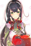  adapted_costume apron black_hair green_eyes hair_ornament hair_tubes japanese_clothes kantai_collection long_hair looking_at_viewer low-tied_long_hair mizuho_(kantai_collection) sidelocks smile solo twitter_username upper_body very_long_hair yakusuke 