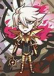  april_fools armor blue_eyes chibi fate/apocrypha fate/extra fate/extra_ccc fate/grand_order fate_(series) karna_(fate) male_focus official_art polearm riyo_(lyomsnpmp) solo spear weapon white_hair 