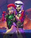  1girl :o artist_name backpack bag blonde_hair blue_eyes braid breast_grab breasts cammy_white clenched_hands facial_hair fingerless_gloves gloves goatee grabbing grabbing_from_behind green_leotard hetero highleg highleg_leotard keffiyeh leotard medium_breasts rashid_(street_fighter) smile street_fighter street_fighter_v theabsolutelimit twin_braids 