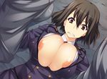  areola_slip areolae black_hair breast_suppress breasts clenched_teeth collared_shirt game_cg huge_breasts impossible_clothes kangokume:_dasshutsu_fukanou_no_injoku_shisetsu long_sleeves looking_down lying nipple_slip nipples on_back open_clothes original red_eyes ryuuta ryuuta_(msxtr) short_hair solo_focus uniform upper_body 