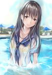  anegasaki_nene bad_id bad_pixiv_id day long_hair looking_at_viewer love_plus mole mole_under_eye nannacy7 partially_submerged revision school_uniform serafuku sky smile solo swimsuit swimsuit_under_clothes umbrella water wet wet_clothes 