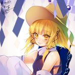  bad_id bad_twitter_id bare_shoulders blonde_hair blush daimaou_ruaeru detached_sleeves gradient gradient_background hair_ornament hat looking_at_viewer moriya_suwako shirt short_hair signature smile solo thighhighs touhou turtleneck upper_body white_legwear x_hair_ornament yellow_eyes 