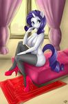  2016 absurd_res anthro anthrofied bed bedroom blue_eyes breasts clothing curtains equine female friendship_is_magic frown hair hi_res high_heels horn inside legwear looking_at_viewer mammal my_little_pony nipples nude on_bed open_mouth purple_hair rarity_(mlp) rug sitting solo stockings thigh_highs unicorn vd-dv window 