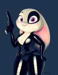  anthro big_breasts breasts cleavage clothed clothing cosplay disney domino_(marvel) female gun judy_hopps lagomorph mammal marvel purple_eyes rabbit ranged_weapon sirredbenjamin skinsuit smile solo tight_clothing weapon zootopia 