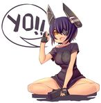  alternate_costume breasts casual cleavage commentary dark_skin eyepatch fang fingerless_gloves gloves indian_style kantai_collection medium_breasts moeroknight purple_hair shirt short_hair sitting skull_print solo speech_bubble t-shirt tenryuu_(kantai_collection) yellow_eyes 
