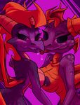  2016 anthro anthrofied blue_eyes blush breast_squish breasts breasts_frottage bust_portrait crossgender dragon drooling duo female female/female hi_res horn looking_at_viewer looking_back nipples ogaraorcynder portrait purple_background rear_view saliva selfcest simple_background smile spyro spyro_the_dragon square_crossover tongue tongue_out video_games 
