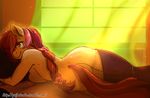  2016 anthro anthrofied arnachy bed breasts butt earth_pony equine female friendship_is_magic green_eyes hair hair_over_eye horse inside long_hair mammal my_little_pony on_bed pony red_hair rose_(mlp) side_boob smile solo 