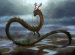  antlers claws cloud dragon eastern_dragon fin glowing horn mythical rivers serpentine spikes sun water whiskers 
