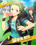  ahoge amagase_touma blush brown_eyes brown_hair card_(medium) character_name day doughnut eating food grass green_eyes green_hair hair_slicked_back hairband hood hooded_jacket idolmaster idolmaster_side-m jacket jewelry male_focus mitarai_shouta multiple_boys necklace official_art open_clothes open_jacket sky smile wristband 