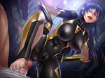  barefoot between_toes blue_hair bodysuit breasts covered_eyes feet female foot_job footjob large_breasts legs long_hair ninja shika_asatsuki taimanin_asagi taimanin_asagi_battle_arena toes visor zol 