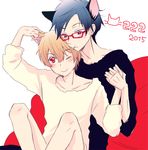  blue_hair cat_ears free! glasses hazuki_nagisa male_focus multiple_boys ryuugazaki_rei wink 