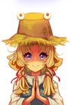  bad_id bad_pixiv_id blonde_hair blue_eyes cheong_ha clenched_teeth hair_ribbon hands_clasped hat moriya_suwako own_hands_together ribbon sidelocks smile solo straw_hat teeth touhou 