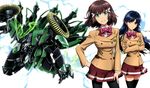  absurdres black_hair black_legwear bow bowtie brown_hair crossed_arms green_eyes hair_ornament hand_on_hip highres kakumeiki_valvrave long_hair looking_at_viewer mecha miniskirt multiple_girls official_art pantyhose parted_lips purple_eyes rukino_saki sashinami_shouko school_uniform skirt smile suzuki_takuya thighhighs valvrave white_background zettai_ryouiki 