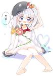  :d atsumi_jun barefoot beret blue_eyes dress epaulettes hat kantai_collection kashima_(kantai_collection) looking_at_viewer open_mouth silver_hair sitting smile solo twintails wavy_hair younger 