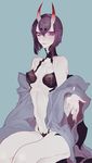  collarbone commentary_request fate/grand_order fate_(series) horns midriff navel off_shoulder oni oni_horns petals purple_eyes purple_hair short_hair shuten_douji_(fate/grand_order) smile solo tobi0728 