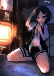  black_hair character_request female hairclip indoors kamindani navel open_clothes open_shirt short_hair skirt solo twitter_username undressing 