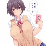  arm_at_side bangs between_breasts black_hair blue_skirt blush breasts brown_eyes closed_mouth collared_shirt dress_shirt dutch_angle hair_between_eyes hasu_(hk_works) holding huge_breasts looking_at_viewer neck_ribbon original phone red_ribbon ribbon school_uniform shirt short_hair short_sleeves simple_background skirt solo sweater_vest thought_bubble translated upper_body white_background white_shirt 