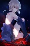  artoria_pendragon_(all) bare_back black_legwear blonde_hair dark_excalibur dark_persona dress elbow_gloves fate/grand_order fate/stay_night fate_(series) from_side gloves gothic_lolita kachi lolita_fashion looking_at_viewer parted_lips petals saber_alter short_hair solo sword thighhighs weapon yellow_eyes 