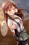  :d arashio_(kantai_collection) arm_warmers bangs bike_shorts black_shorts blush breasts brown_eyes brown_hair brown_sky cloud cloudy_sky collared_shirt commentary_request dark_sky dress_shirt fingernails from_side grey_skirt grey_sky hand_in_hair hands_up juurouta kantai_collection long_hair looking_at_viewer looking_to_the_side medium_breasts miniskirt open_mouth outdoors pleated_skirt school_uniform shirt shirt_tucked_in short_sleeves shorts shorts_under_skirt single_horizontal_stripe skirt sky smile solo speech_bubble suspenders translated twitter_username white_shirt wing_collar 