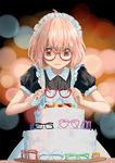  alternate_costume apron bandaged_hands bandages black-framed_eyewear blue-framed_eyewear blurry bokeh brown_eyes cake cherry depth_of_field enmaided food frilled_apron frills fruit glasses green-framed_eyewear heart heart-shaped_eyewear holding holding_eyewear kuriyama_mirai kyoukai_no_kanata lens_flare maid maid_headdress orange-framed_eyewear orange_hair pineapple_slice pink-framed_eyewear puffy_short_sleeves puffy_sleeves purple-framed_eyewear red-framed_eyewear short_sleeves solo wavy_mouth xiao 