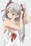  adjusting_hair agu amatsukaze_(kantai_collection) blush breasts brown_eyes grey_background highres kantai_collection long_hair silver_hair simple_background sleeveless small_breasts solo 